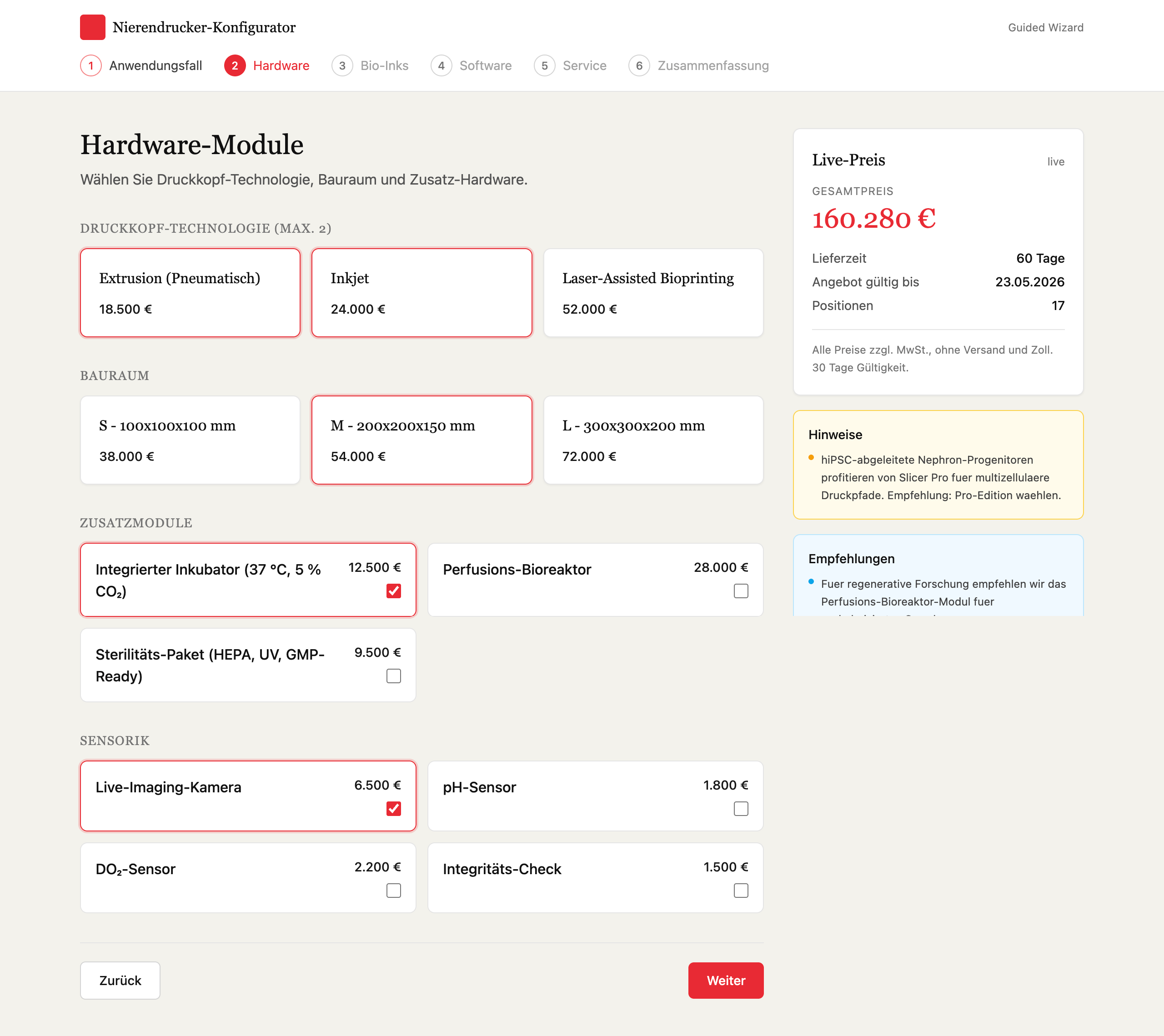 Configurator wizard - hardware modules with live pricing
