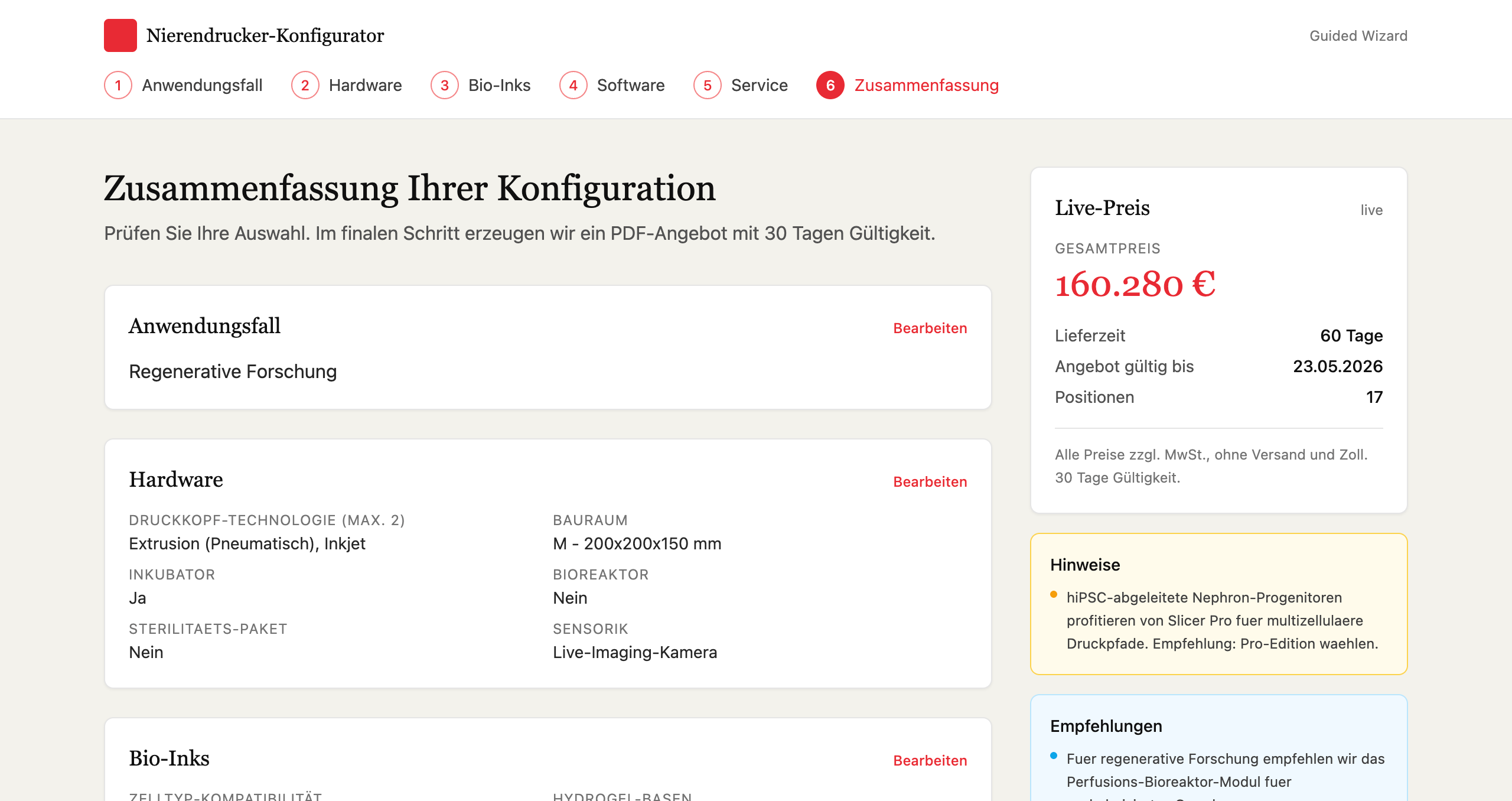 Configurator wizard - configuration summary with binding quote