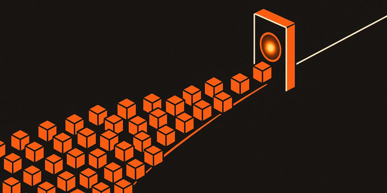 Abstract isometric illustration of an assembly line of geometric blocks narrowing into a single inspection gate