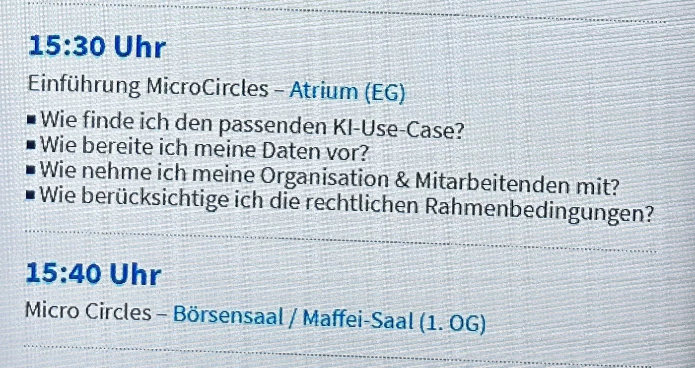 Programmtafel der Veranstaltung mit den vier Micro Circles, darunter "Wie berücksichtige ich die rechtlichen Rahmenbedingungen?"